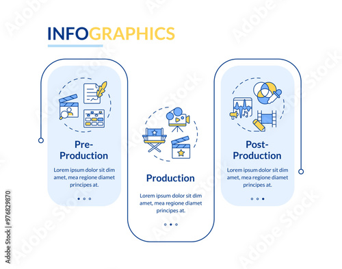 Movie production process rectangle infographic vector. Film directing, video editing. Data visualization with 3 steps. Editable rectangular options chart. Lato-Bold, Regular fonts used