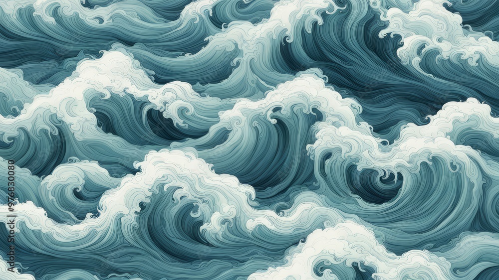 Fototapeta premium Watercolor illustration. Abstract blue water texture with seamless wave pattern. Suitable for modern design.