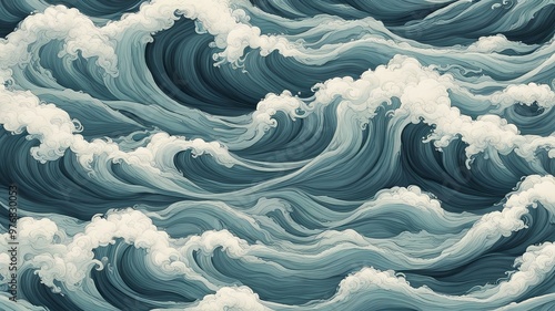 Watercolor illustration. Abstract blue water texture with seamless wave pattern. Suitable for modern design.