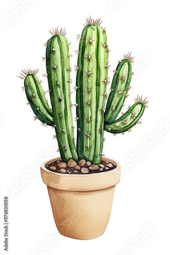 Craft a detailed watercolor illustration of a front view cactus plant, highlighting its spiky texture and distinct shape Use a blend of vibrant and earthy tones to enhance its visual appeal