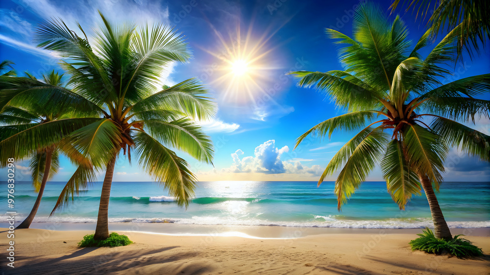Colorful summer featuring beach scene with palm trees, ocean, and sun, bright, vibrant, hand drawn, tropical, vacation Colorful summer featuring beach scene with palm trees, ocean, and sun, bright, vibrant, hand drawn, tropical, vacation