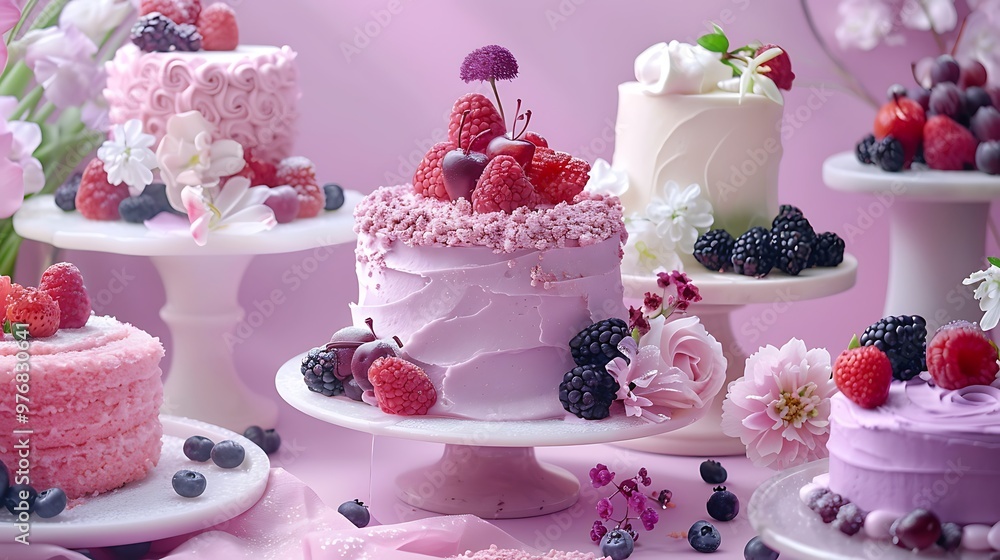 On a mauve history an assortment of cake decorated with fanciful extras On a mauve history an assortment of cake decorated with fanciful extras