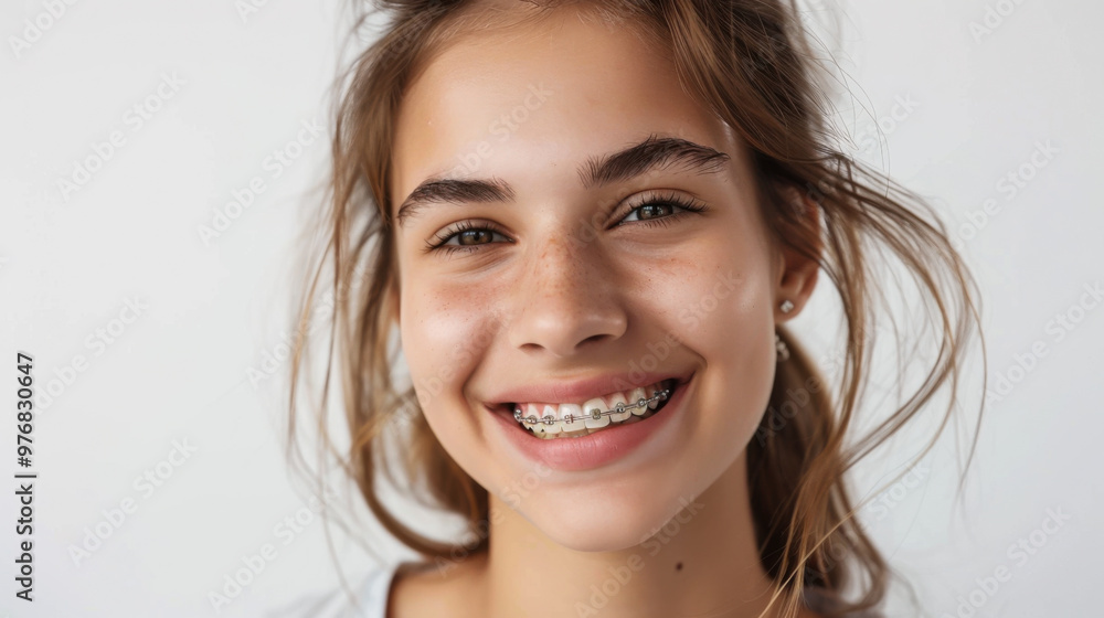 A cheerful young girl showing her braces with a bright smile, enjoying a moment indoors. A cheerful young girl showing her braces with a bright smile, enjoying a moment indoors.