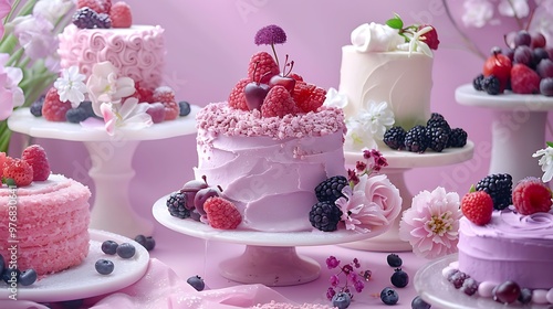 On a mauve history an assortment of cake decorated with fanciful extras