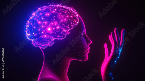 AI: an electronic brain with a neon silhouette of a human head featuring artificial intelligence, suspended above a palm. Represents a cybernetic artificial neural network, electronic mind.