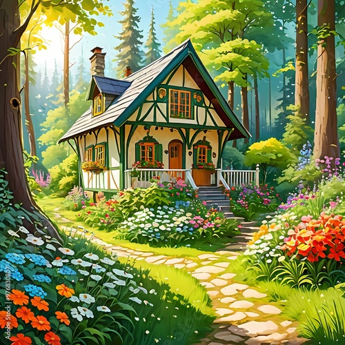 a whimsical wooden cottage in a wood, surrounded by the trees with a small flower garden, sunlight, digital painting art