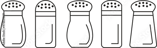 Set of salt shaker icons in line styles. Baking and cooking ingredient. Food seasoning. Kitchen utensil vectors. salt heap, salting hand, chips, food without sodium isolated on transparent background.