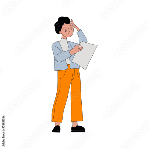 Frustrated guy holding sheet. Man in prostration. Bad news. Piece of paper in his hand. Expulsion, dismissal, poor grades. Man with sheet of paper. Flat vector illustration on white background.