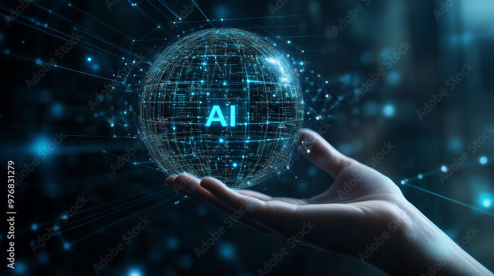 AI Artificial Intelligence logo held in a hand, representing artificial intelligence and machine learning concepts. Features a sphere grid wave with binary code, big data innovation technology, and n AI Artificial Intelligence logo held in a hand, representing artificial intelligence and machine learning concepts. Features a sphere grid wave with binary code, big data innovation technology, and n