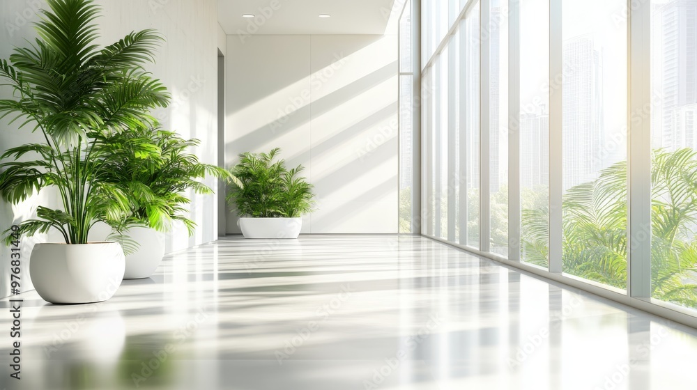 Fototapeta premium Modern Minimalist Interior Design White Hallway with Green Plants and Large Windows