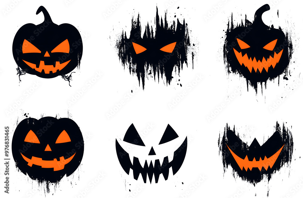 Set of spooky Halloween pumpkin faces with grunge textures, isolated on a transparent background, perfect for Halloween decorations, posters, and scary-themed designs
Set of spooky Halloween pumpkin faces with grunge textures, isolated on a transparent background, perfect for Halloween decorations, posters, and scary-themed designs