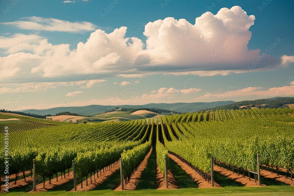 Fototapeta premium Picturesque Vineyards Sprawling Over Rolling Hills Under a Serene Summer Sky with Cotton Candy Clouds
