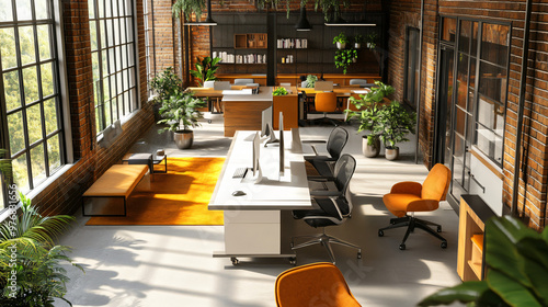 A professional office space with modular desks, creative decor, and meeting areas. photo