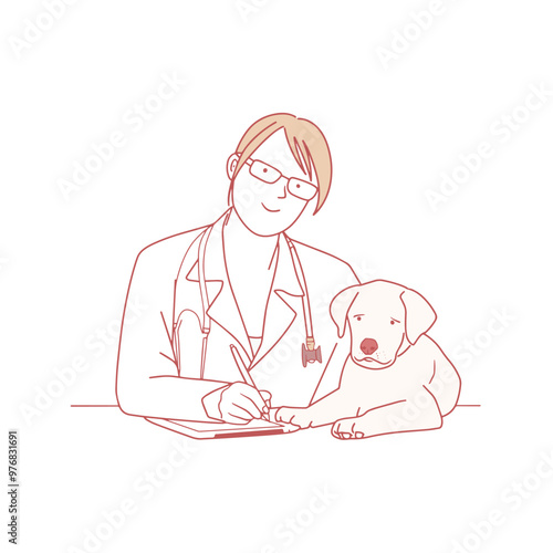 Vet checks pets. hand drawn vector art style. Vet diagnosys and checks pets. hand drawn vector cartoon art style.