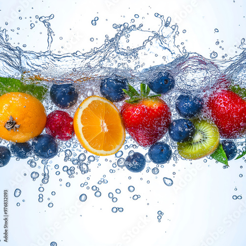 Fruits splashing into the clear water. Fresh fruits concept