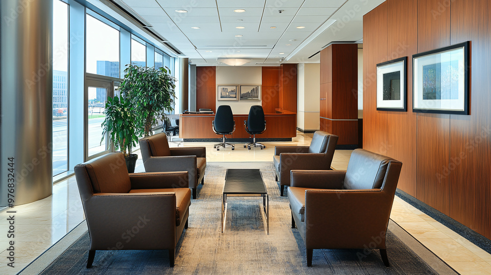Fototapeta premium A professional office environment with high-quality furniture, a central conference area, and a welcoming lobby.