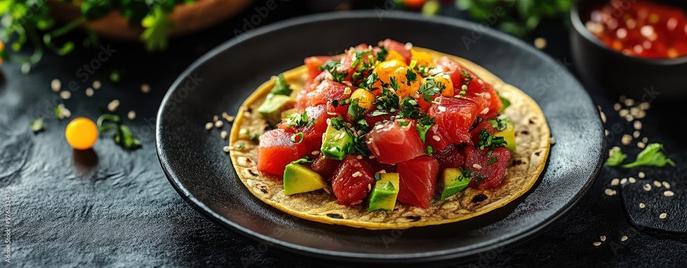A vibrant fusion poke taco with ahi tuna, avocado, and crispy wonton shell, served on a black slate plate, bustling night market scene with colorful lights, minimalistic style, 3D A vibrant fusion poke taco with ahi tuna, avocado, and crispy wonton shell, served on a black slate plate, bustling night market scene with colorful lights, minimalistic style, 3D