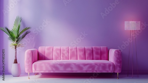 A pinkish loveseat is placed opposite of a purple walls