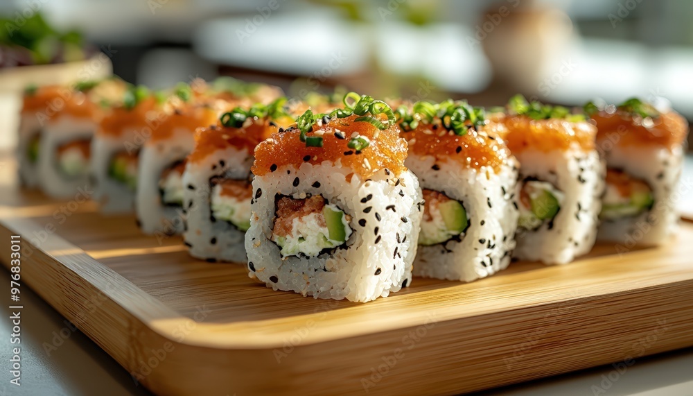 A plate of fusion sushi sliders with spicy tuna and avocado, arranged on a wooden board, upscale sushi bar with ambient lighting, minimalistic style, 3D render, close-up with soft A plate of fusion sushi sliders with spicy tuna and avocado, arranged on a wooden board, upscale sushi bar with ambient lighting, minimalistic style, 3D render, close-up with soft