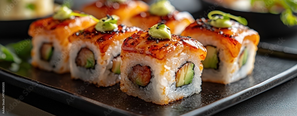 A plate of fusion sushi sliders with grilled eel and avocado, placed on a sleek black dish, trendy fusion restaurant with ambient lighting, minimalistic style, 3D render, close-up A plate of fusion sushi sliders with grilled eel and avocado, placed on a sleek black dish, trendy fusion restaurant with ambient lighting, minimalistic style, 3D render, close-up