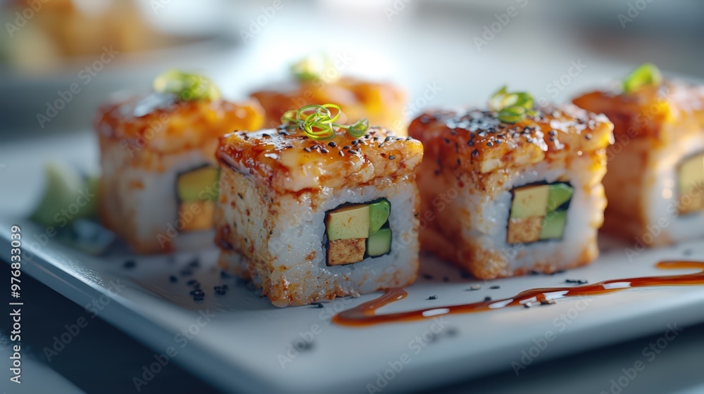 A plate of fusion sushi sliders with spicy tuna and avocado, arranged on a wooden board, upscale sushi bar with ambient lighting, minimalistic style, 3D render, close-up with soft A plate of fusion sushi sliders with spicy tuna and avocado, arranged on a wooden board, upscale sushi bar with ambient lighting, minimalistic style, 3D render, close-up with soft