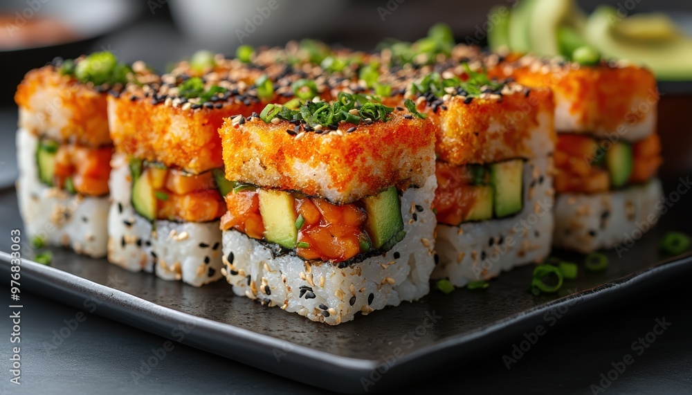 A plate of fusion sushi sliders with spicy tuna and avocado, arranged on a wooden board, upscale sushi bar with ambient lighting, minimalistic style, 3D render, close-up with soft A plate of fusion sushi sliders with spicy tuna and avocado, arranged on a wooden board, upscale sushi bar with ambient lighting, minimalistic style, 3D render, close-up with soft