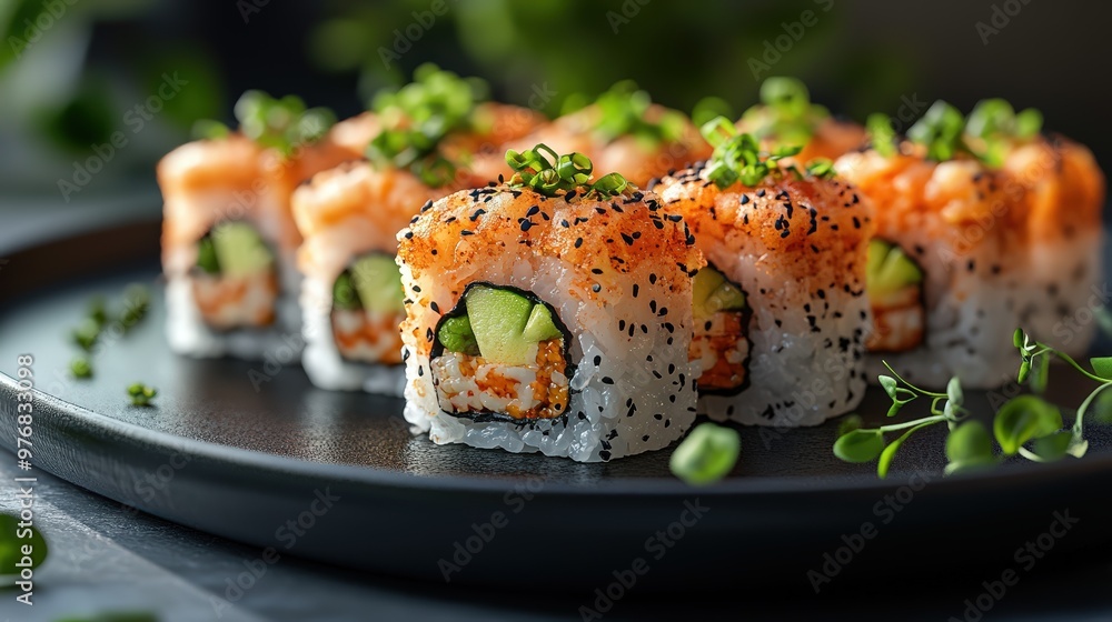A plate of fusion sushi sliders with crispy shrimp and avocado, served on a black ceramic dish, modern sushi bar with clean lines and ambient lighting, soft natural lighting, 3D re A plate of fusion sushi sliders with crispy shrimp and avocado, served on a black ceramic dish, modern sushi bar with clean lines and ambient lighting, soft natural lighting, 3D re