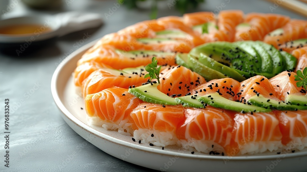 A plate of fusion sushi pizza with salmon and avocado slices arranged in a circular pattern, resting on a sleek white plate, modern sushi bar with clean lines and soft lighting, so A plate of fusion sushi pizza with salmon and avocado slices arranged in a circular pattern, resting on a sleek white plate, modern sushi bar with clean lines and soft lighting, so
