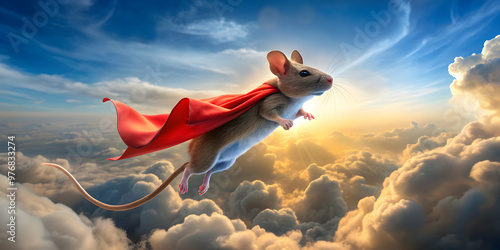 Courageous mouse wearing a Superman cape and soaring high in the sky, mighty mouse, superhero, hero, cape, flying