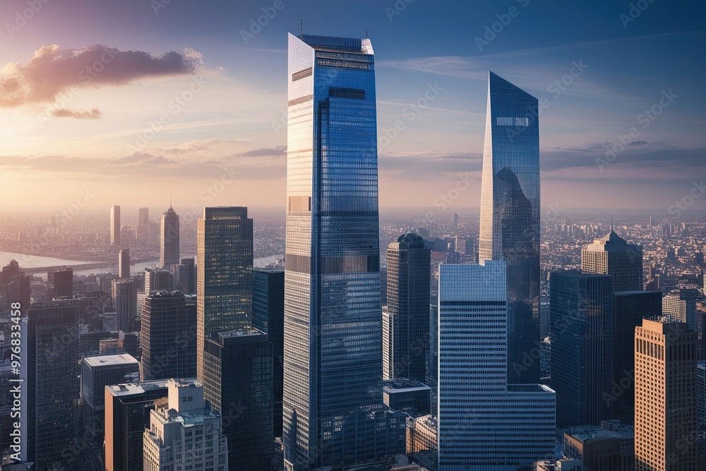 Fototapeta premium Modern Skyscrapers in Digital Urban Environments Exploring Finance and Architectural Innovation