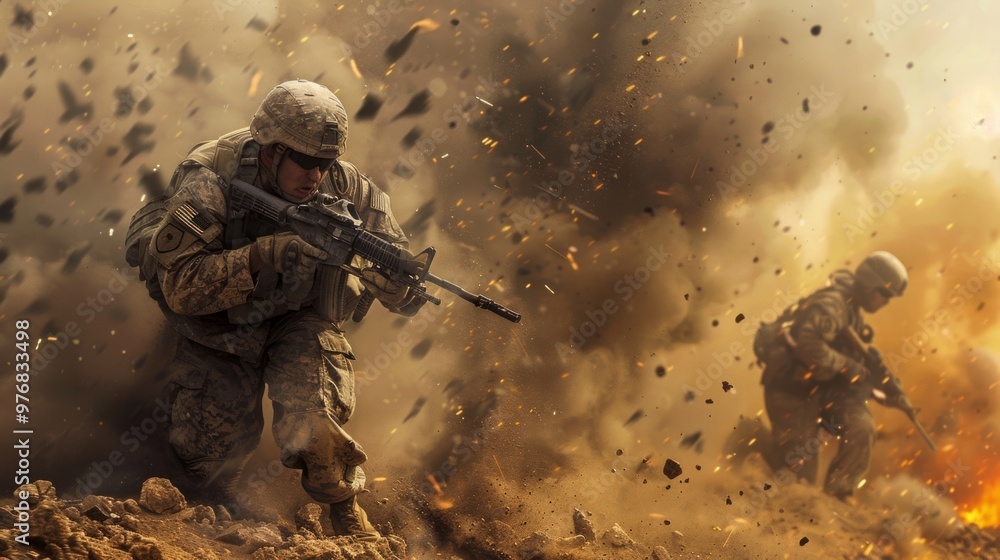 Create an intense scene of soldiers in action on a battlefield, with explosions, smoke, and a sense of urgency and determination on their faces. Create an intense scene of soldiers in action on a battlefield, with explosions, smoke, and a sense of urgency and determination on their faces.