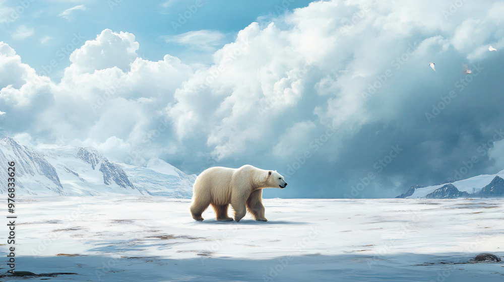 A polar bear walking across a vast snowy landscape. A polar bear walking across a vast snowy landscape.
