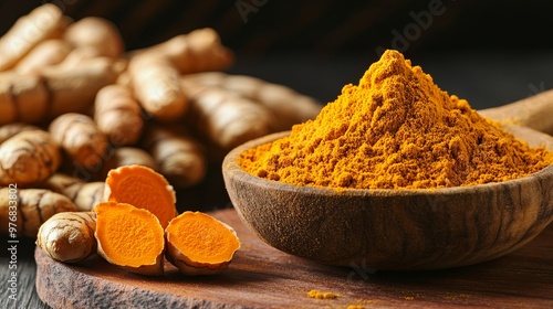 Turmeric powder and root on wooden cutting board