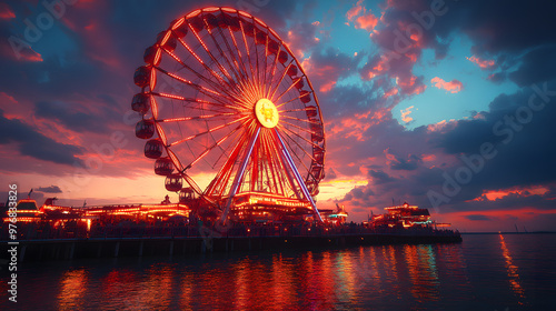 A vibrant sunset illuminates a ferris wheel by the waterfront, creating a picturesque scene filled with colors and serenity.