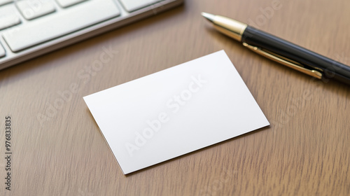 horizontal blank business card mockup on wooden table with notebook and pen