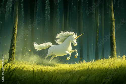 Cartoon Unicorn.  Generated image.  A digital illustration of a happy cartoon unicorn in the forest.
