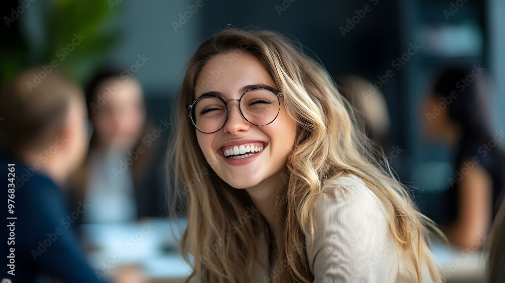 Close-up Portrait of a Smiling Woman with Blonde Hair and Glasses Close-up Portrait of a Smiling Woman with Blonde Hair and Glasses