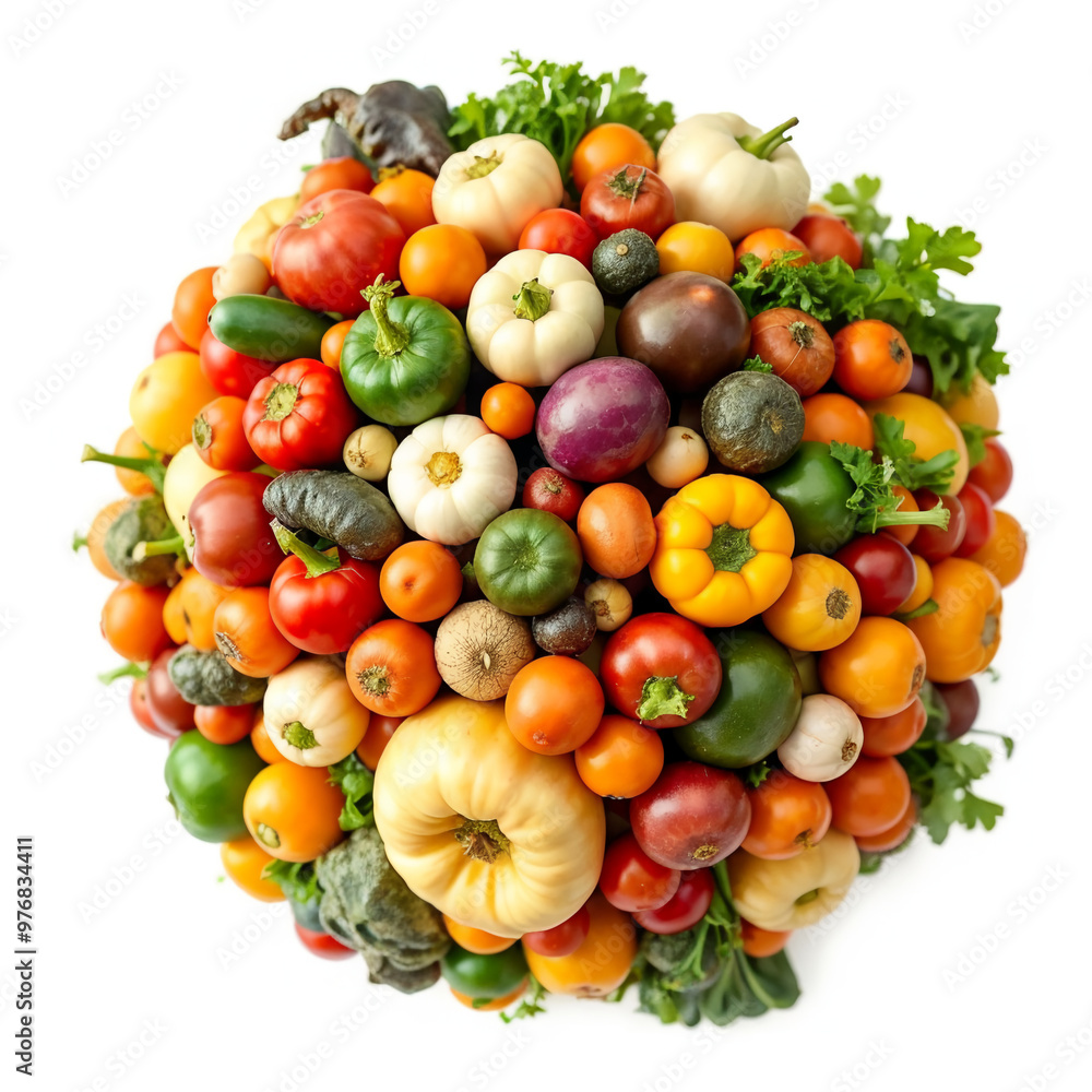 Ball of assorted fresh vegetables including tomatoes peppers and squash Ball of assorted fresh vegetables including tomatoes peppers and squash