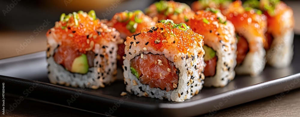 A fusion sushi burger with spicy tuna and avocado, resting on a sleek black plate, modern sushi bar with clean minimalist design, soft natural lighting, realistic, close-up with so A fusion sushi burger with spicy tuna and avocado, resting on a sleek black plate, modern sushi bar with clean minimalist design, soft natural lighting, realistic, close-up with so