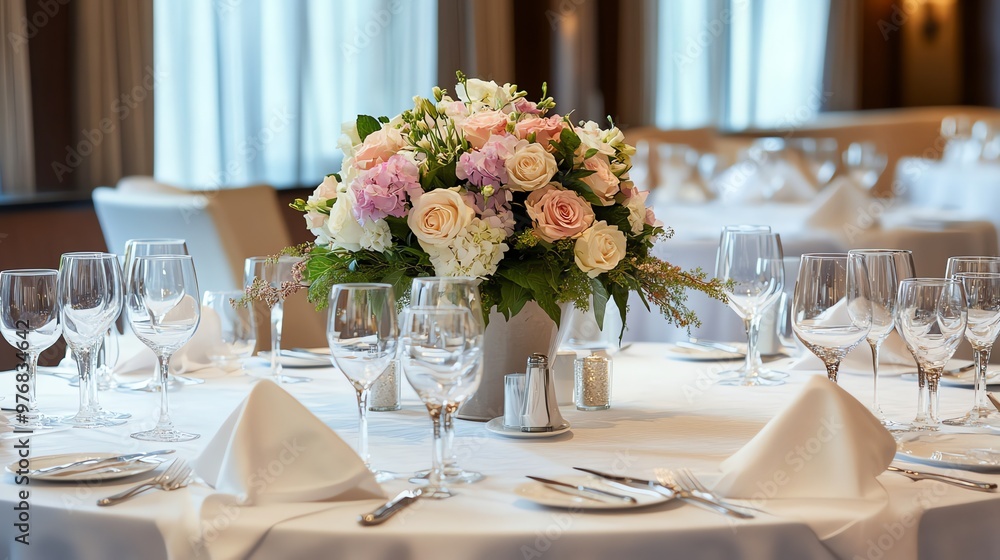 A table setting with a floral centerpiece and wine glasses. A table setting with a floral centerpiece and wine glasses.