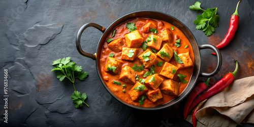 Top view of Indian paneer tikka masala in cast iron kadai pan with coriander and chillies, Indian, paneer tikka, masala