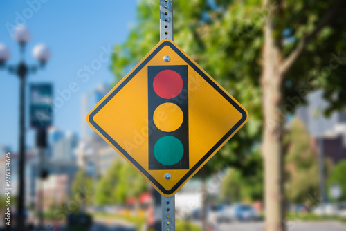 Stop light ahead yellow sign with a traffic signal on it for drivers, runners and cyclists.
