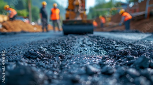Close-up of asphalt being laid on a road under construction