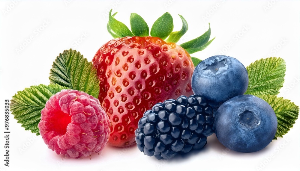Strawberry, raspberry, blueberry and blackberry isolated on white background. ai generated Strawberry, raspberry, blueberry and blackberry isolated on white background. ai generated