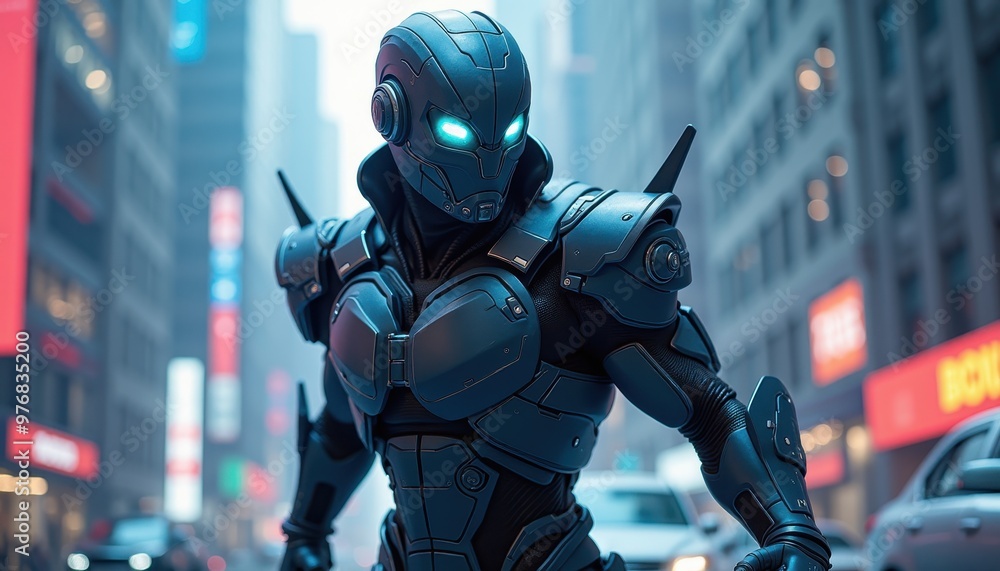 Striking Superhero with Futuristic Armor and Mask Displaying Dynamic Poses in a High-Tech Urban Environment Striking Superhero with Futuristic Armor and Mask Displaying Dynamic Poses in a High-Tech Urban Environment