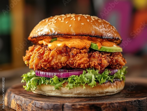 A fusion burger with crispy fried chicken and kimchi slaw, placed on a wooden tray, bustling urban food hall background, soft natural lighting, realistic, close-up with dramatic li photo