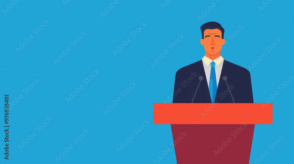 Business leader addressing engaged audience, dynamic conference setting, flat design illustration showcasing leadership and collaboration in a professional environment