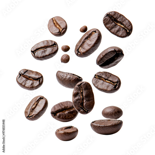 Coffee beans scattered on a white background for beverage concept