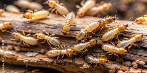 Swarm of small termites on decaying timber, with one termite foraging for food to feed the larvae in a cavity , termites, decay