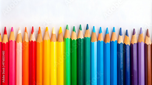Vibrant rainbow-colored pencils neatly arranged in a row on a white background, colorful, pencils, school supplies
